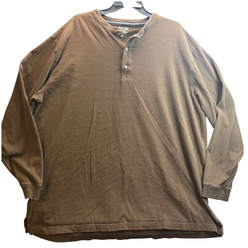 St. Johns Bay Henley Mens 2XLT Brown Sueded Jersey Long Sleeve Cotton Casual Tee